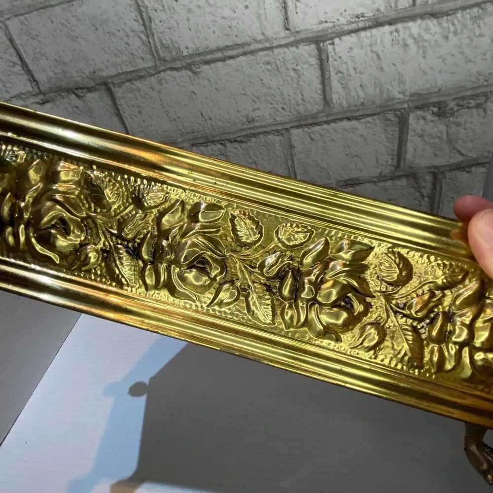 Vintage English Brass Footed Planter/Container with Embossed Rose Pattern